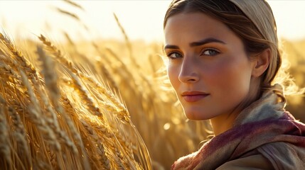 Wall Mural - A woman standing in a field of wheat