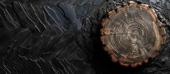 Aufkleber - Round tree stump on black zigzag textured backdrop with copy space image showcasing tree rings