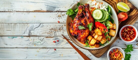 Poster - Traditional Malaysian Indonesian dish known as Nasi Ayam Penyet featuring spicy roasted chicken fried tofu salad cucumber sambal belacan and lime displayed on a white wooden background with copy spac