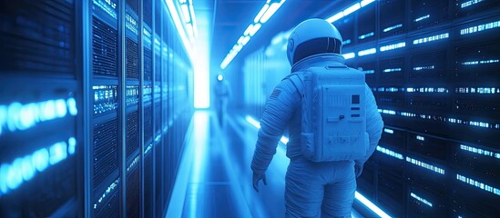 Poster - Future Exploration Astronaut Navigates AI Driven Server Room in AI CG Animation
