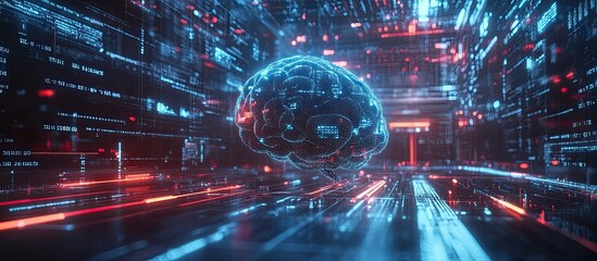 Poster - Futuristic AI Rendering of Big Data Technology and Advanced AI Concepts Featuring Data Science Deep Learning and Neural Networks with a Focus on Innovation and Analytics
