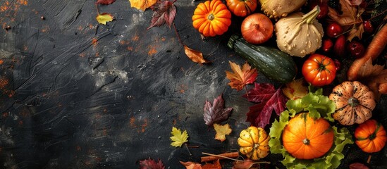 Poster - Top view of fresh autumn vegetables for cooking on a dark background with copy space image