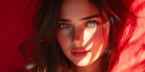 Wall Mural - close up of abeautiful woman with long hair in red sweater, red color background, blue eyes, photography