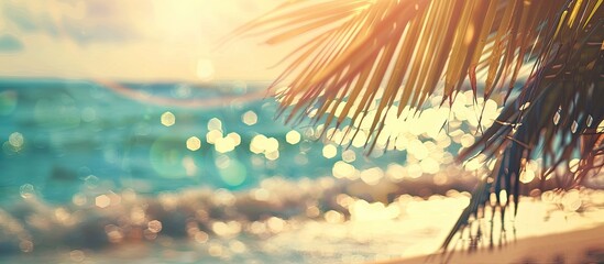 Poster - A vintage filter gives a business vacation concept with copy space image of golden hour words on a blurred tropical beach with bokeh waves in the background