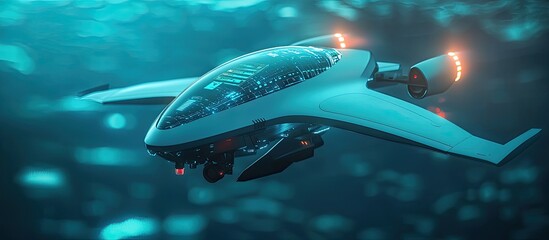 Poster - High speed unmanned marine drone featuring a remote control system holographic display and advanced military technology AI rendered abstract background