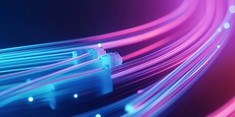 Poster - Glowing data cables on a black background, a fiber optic technology