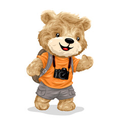 Sticker - Cute teddy bear cartoon character traveler with camera. Vector illustration