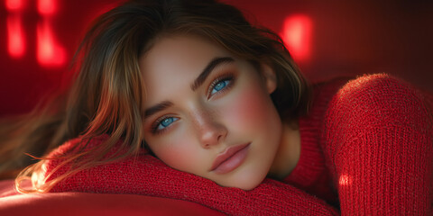 Wall Mural - A beautiful woman with long hair and blue eyes in red lies on the bed, a close-up of her face against a red background, in the photorealistic style of high resolution portrait photography with vibrant