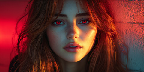 Wall Mural - Beautiful woman with long brown hair and red eyes, in the background a red light is shining on her face, high resolution, high detail, cinematic