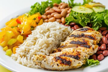 chicken fillet  rice  beans  manioc flour and salad on white background  typical brazilian food.