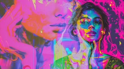 A vibrant, neon-colored abstract portrait of a woman with layers of graffiti and paint splashes. The image combines elements of modern street art with intense hues of pink, yellow, and blue