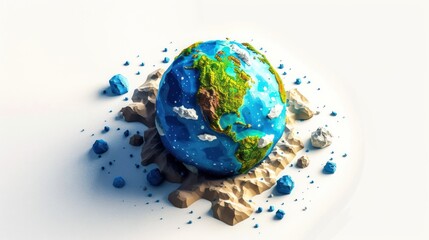 Poster - Low Poly Earth Globe with Scattered Rocks