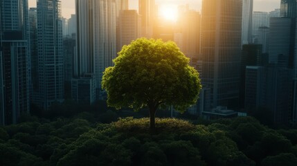 Canvas Print - Solitary Tree Amidst Urban Skyscrapers at Sunset, Symbolizing Nature's Resilience in Modern Cityscape