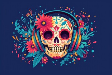 A skull decorated with flowers and music elements