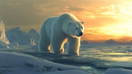 Polar Bear Walking on Ice in a Golden Sunset