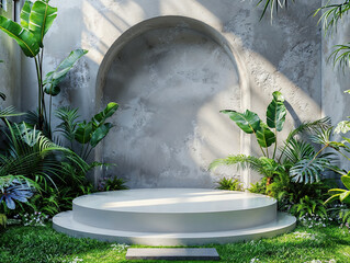 Poster - Empty round podium displaying product with tropical plants and sunlight background, for product presentation