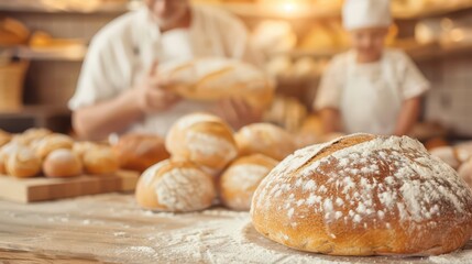 Artisan bakers crafting fresh loaves of rustic bread in cozy bakery