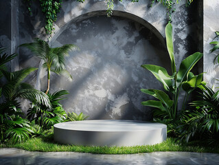 Aufkleber - Empty round podium displaying on green grass with tropical plants