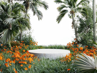 Poster - Empty concrete podium with palm trees and orange flowers isolated on white background