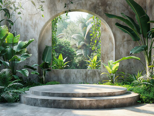 Poster - Empty round podium with tropical plants showing lush green plants perfect for placing your product