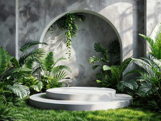 Poster - Empty white round display podium with tropical plants and concrete wall in the background, ideal for showcasing a product