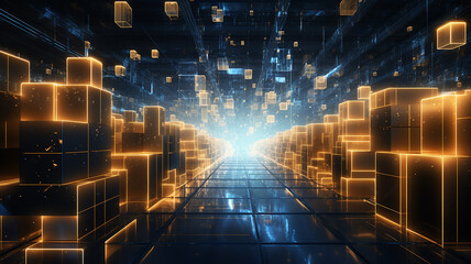 Fototapete - warehouse technology of the future, warehouse program, neon background, futuristic computer graphics design