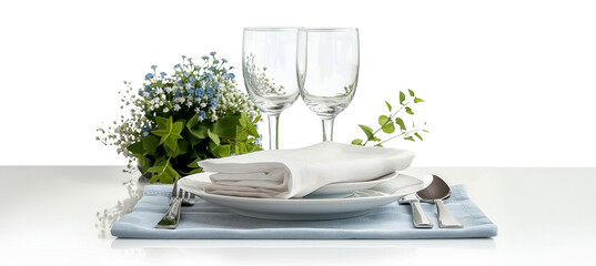 Elegant table setting with flowers and glassware isolated on transparent background