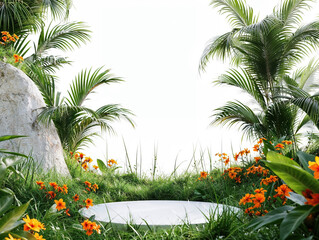 Poster - Empty podium with flowers and palm trees displaying on white background