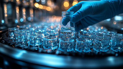 A hand in blue gloves working on a water production line at a factory, close-up view of machines with bottles and glass vials for food industry product quality control