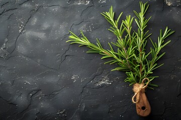 Wall Mural - Fresh Rosemary Herb on Rustic Dark Slate Background for Culinary and Aromatherapy Designs