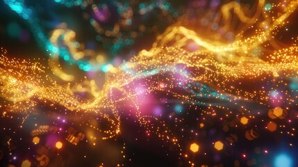 Neon light particles forming a digital network on a dark background