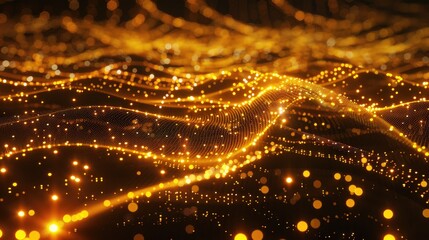 Neon light particles forming a digital network on a dark background