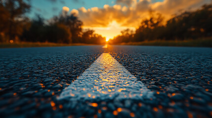 Wall Mural - White arrow pointing forward on asphalt road with sunset background, journey concept. The design could be used for copy space for text and web banners.