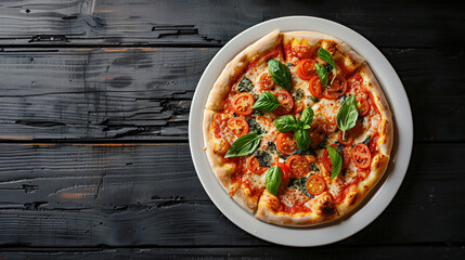 Wall Mural - Freshly baked pizza margherita with mozzarella and basil on a rustic black wooden table