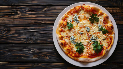 Canvas Print - Four cheese and parsley pizza freshly baked on a round plate on a dark wooden table