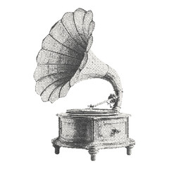 Fototapete - Retro Gramophone. Halftone collage cutout element in a surreal bitmap style for scrapbook, poster, t-shirt. Vector illustration isolated on transparent background with dotted photocopy texture.