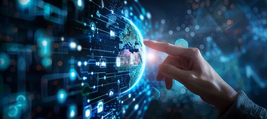 Wall Mural - digital technology illustration of global network concept with icons and globe internet network conn