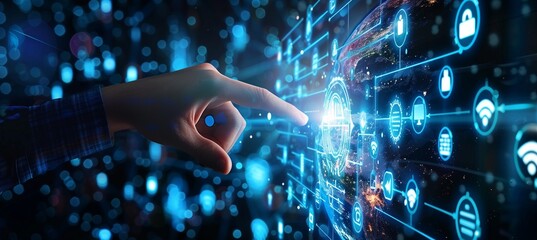 Wall Mural - digital technology illustration of global network concept with icons and globe internet network conn
