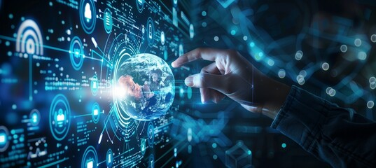 Wall Mural - digital technology illustration of global network concept with icons and globe internet network conn