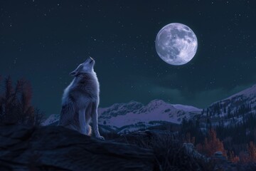  A serene image of a grey wolf howling at the moon in a remote wilderness area