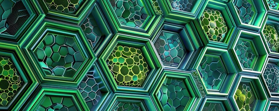A detailed pattern of interconnected hexagons with intricate internal designs, rendered in vibrant green and teal