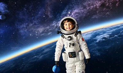 Poster - Little boy in astronaut costume against the background of the outer space.