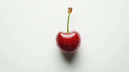 Detailed photo of a single cherry with pulp on a clean white background, highlighting the fruit's juicy and fresh appearance.