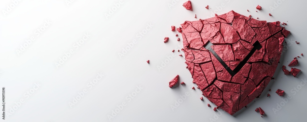 Broken red shield with a checkmark symbol on a white background ...