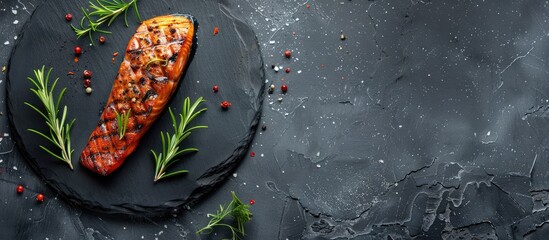 Aufkleber - Top view of a salmon fish steak with seasoning on a black slate plate with copy space image available