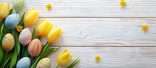 Aufkleber - Top view of a spring themed scene featuring vibrant eggs yellow tulips and copy space on white wood