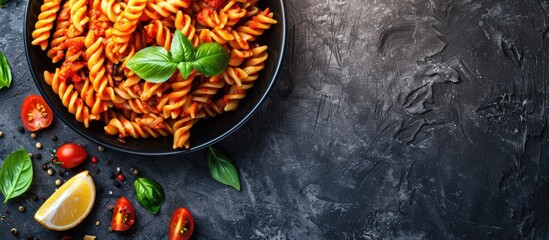 Aufkleber - Top view of a vegetarian Italian dish on the menu concept featuring rotini pasta in tomato sauce with a background suitable for text in a copy space image