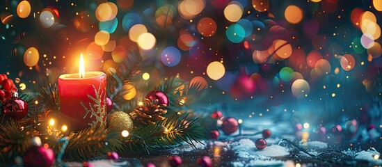 Wall Mural - A festive Christmas background with a floating candle colorful garland and bokeh effect creating a picturesque copy space image