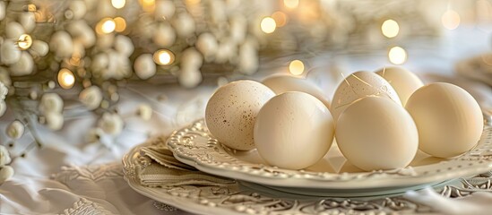 Poster - Focused on a close up of delicate white chicken eggs on a festively set Easter table with room for text or other imagery copy space image