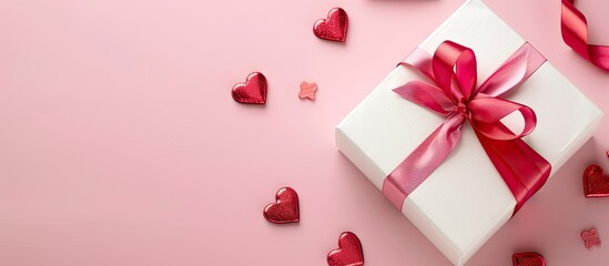 Poster - Gift box with ribbon and copy space image on pink background symbolizing love on Valentine s Day